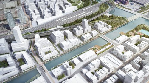Artist rendering of reconfigured Lake Shore Boulevard, the reconfiguration of the mouth of the Don River and the re-positioned Cherry Street Bridge – which are being done as part of the large Port Lands redevelopment. 