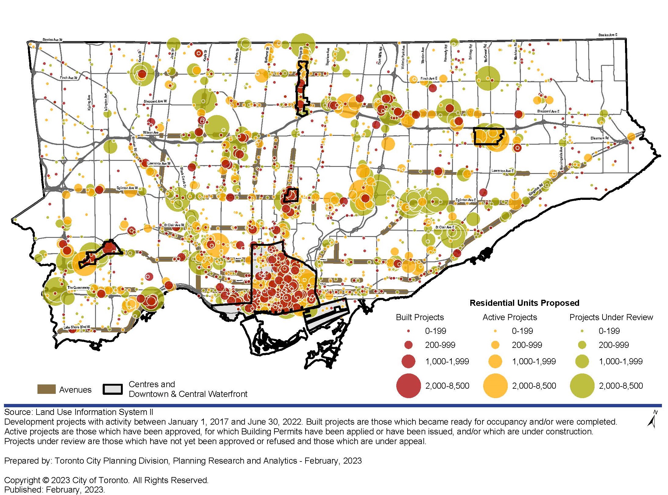 This map shows residential projects as graduated dots with their size based on the number of units they contain. Residential projects in all statuses are concentrated in Downtown, the Centres and along the Avenues throughout the city. For more information, contact Hailey Toft at 416-392-9787 or hailey.toft@toronto.ca.