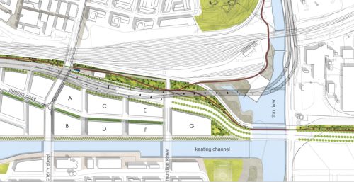 Artist’s renderings (2016) of Hybrid Option 3, with Section 5 of the Gardiner Expressway moved to the north. 