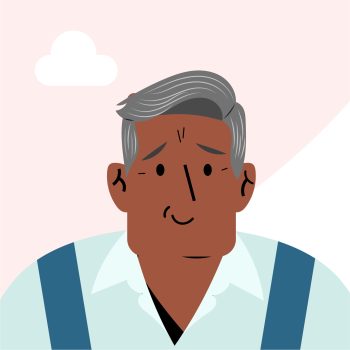 Cartoon headshot of a smiling man with short grey hair wearing a blue shirt and overalls.