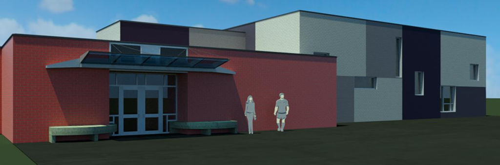 A rendering shown in neutral colours or the exterior of Norseman Pool. The building design is brick near the entrance and attached to a taller building with grey siding and windows in various shapes and sizes.