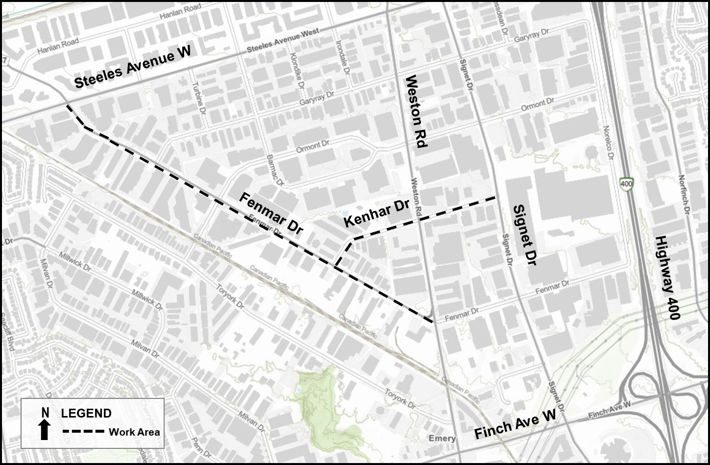 Map of project area, highlighting Fenmark Drive from Steeles Avenue West to Weston Road and Kenhar Drive