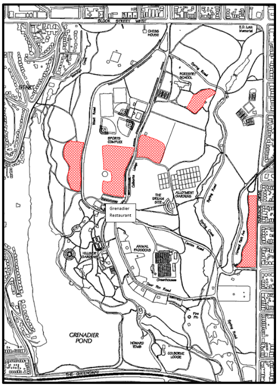 Map of High Park showing five prescribed burn sites for 2023: two sites located south of the Forestry School; one site located south of the Sports Complex and just north of Grenadier Restaurant; one site west of West Road; and one site on the east side of the park, south of the Parkside Drive park entrance between Howard Park Avenue and Parkside Drive.