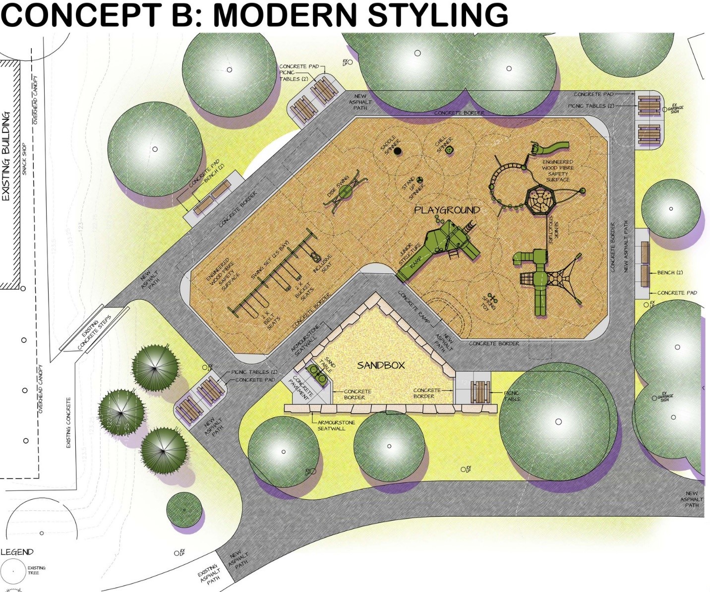 A rendering of playground Design A for the Stand Wadlow Park Playground improvements. Playground Design B illustrates all new play equipment, including a junior play structure with an accessible ramp, and a senior play structure with obstacle course type play elements. Playground Design B illustrates a large new sand play area with a small shade shelter and an accessible sand table.