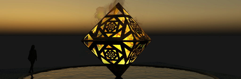 Octahedron vessel filled with fire above a circular pool of water and the shadow of a person walks nearby