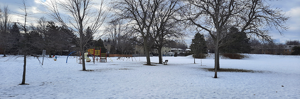 A photograph of Charlton Park Playground taken during winter with snow on the ground. The playground is shown in the distance and is surrounded by mature trees and open lawn.