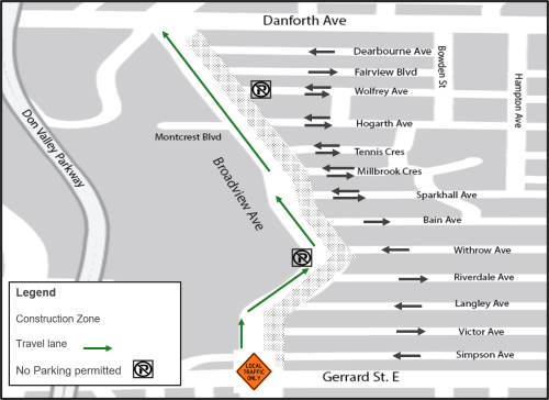 Map of Phase 4 of construction work displaying the location where the work will be taking place. Please contact Nathalie Forde if more information is required or email BroadviewConstruction@toronto.ca