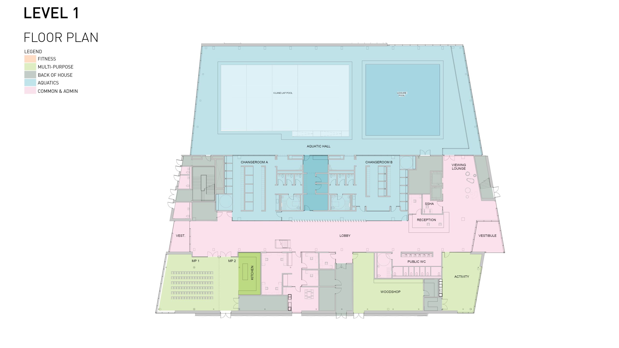 Floor plan of Level One shows the aquatic hall on the North side, change rooms along the middle of the building, lobby and atrium which connects Sherbourne st and the inside of the park and the activity room, woodshop and kitchen on the South side of the building.