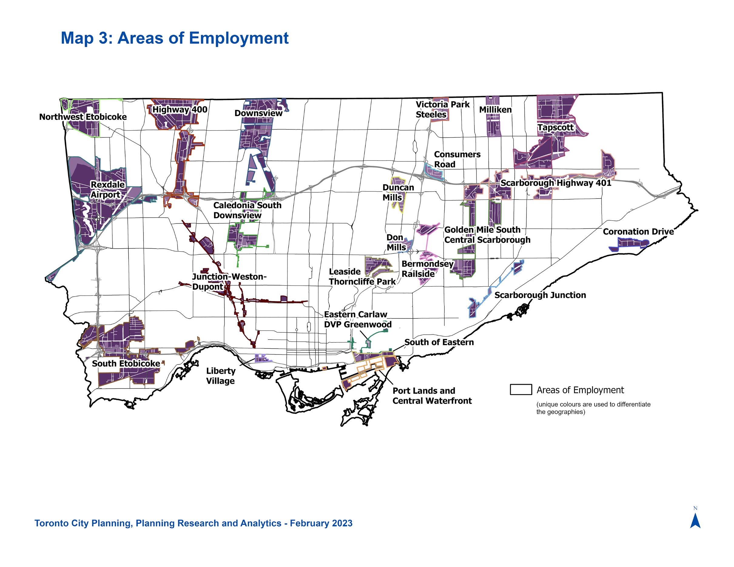 This map shows the Areas of Employment (AOEs) in the city, along with Core and General Employment Areas.