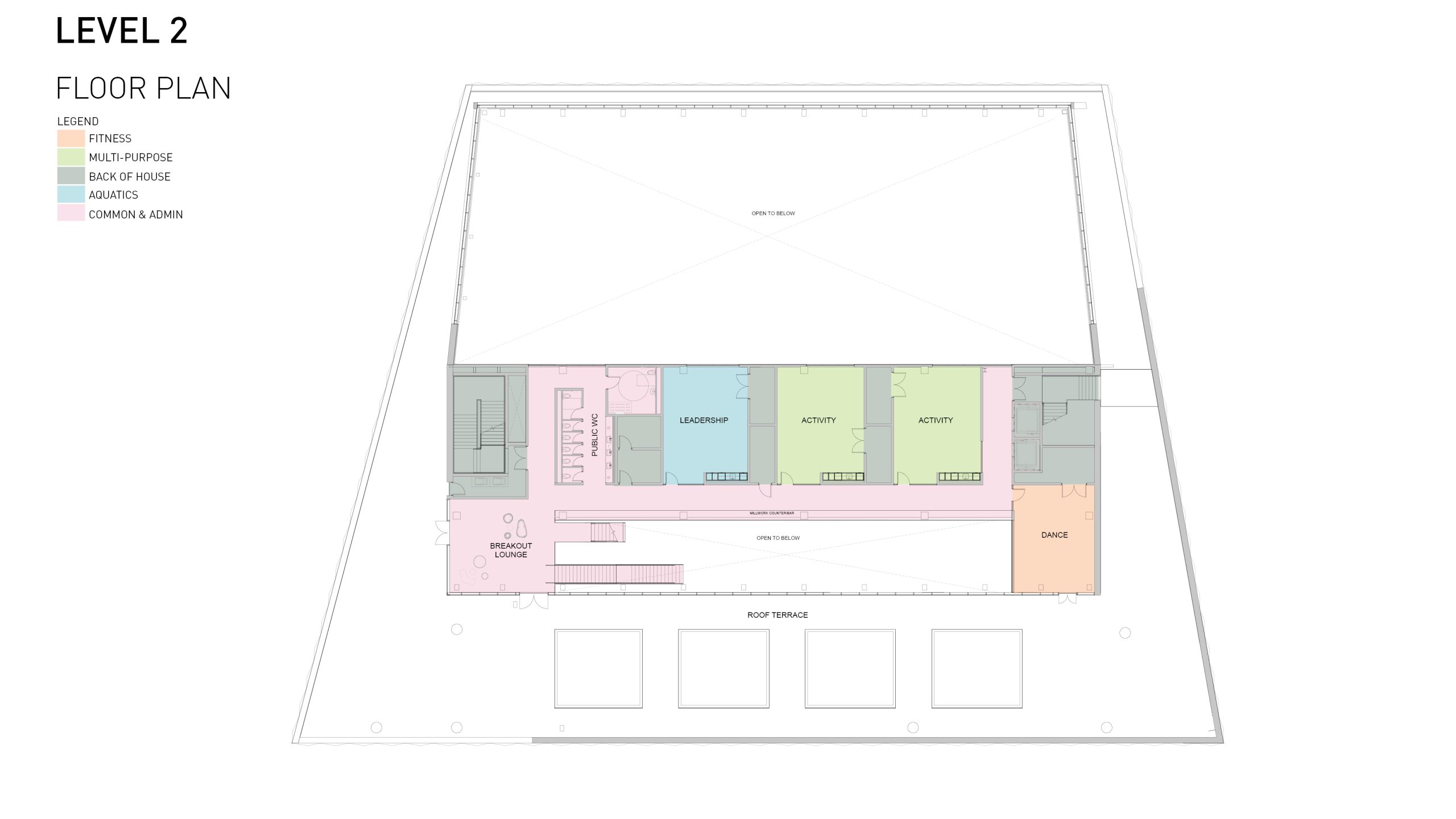 Floor plan of level two shows two activity rooms and a leadership room along the centre of the building. There is a dance studio on the South East side of the building and a breakout lounge on the Southwest of the building. An angular rooftop terrace wraps around the south, east and west of the building.