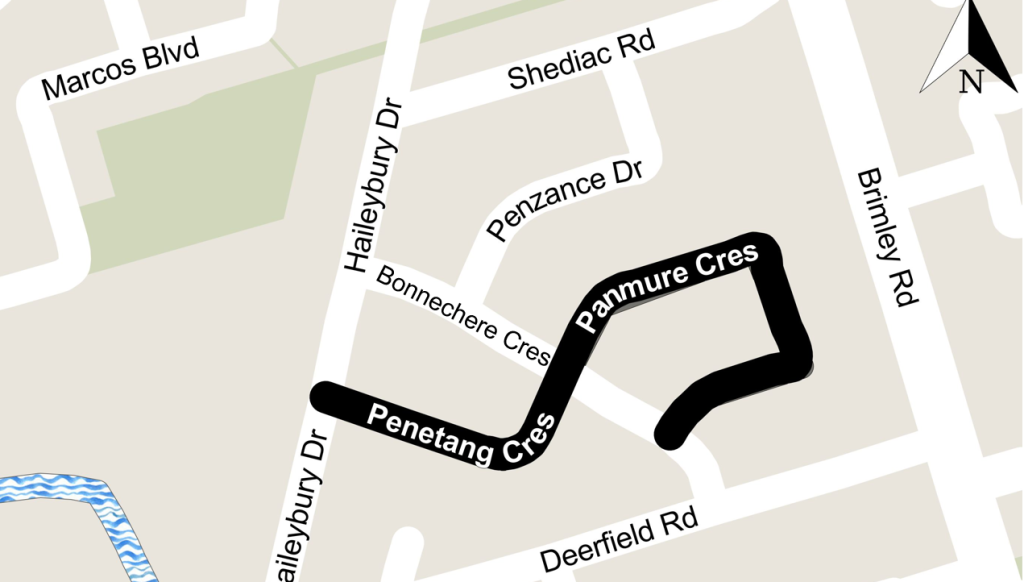 A map shows the street limits of Penetang Crescent and Panmure Crescent, to indicate the site of planned sidewalk installation.