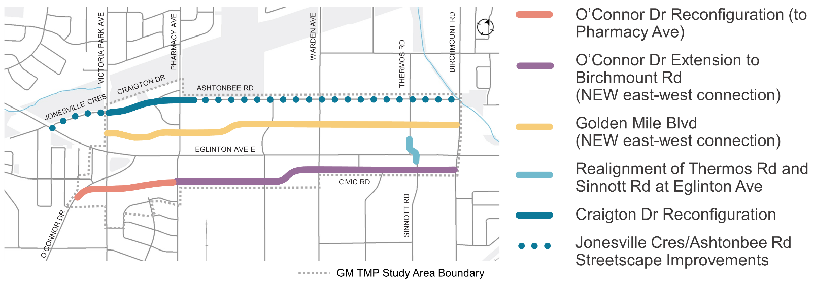 The map highlights each street where improvements are proposed 