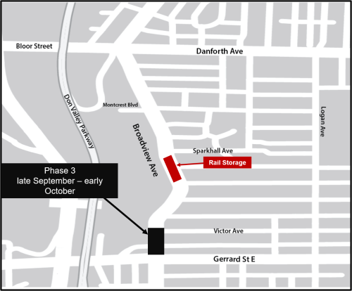 Map of Phase 3 of construction work displaying the location where the work will be taking place, along with the location of the rail storage. Please contact Nathalie Forde if more information is required at 416-392-3556 or email BroadviewConstruction@toronto.ca