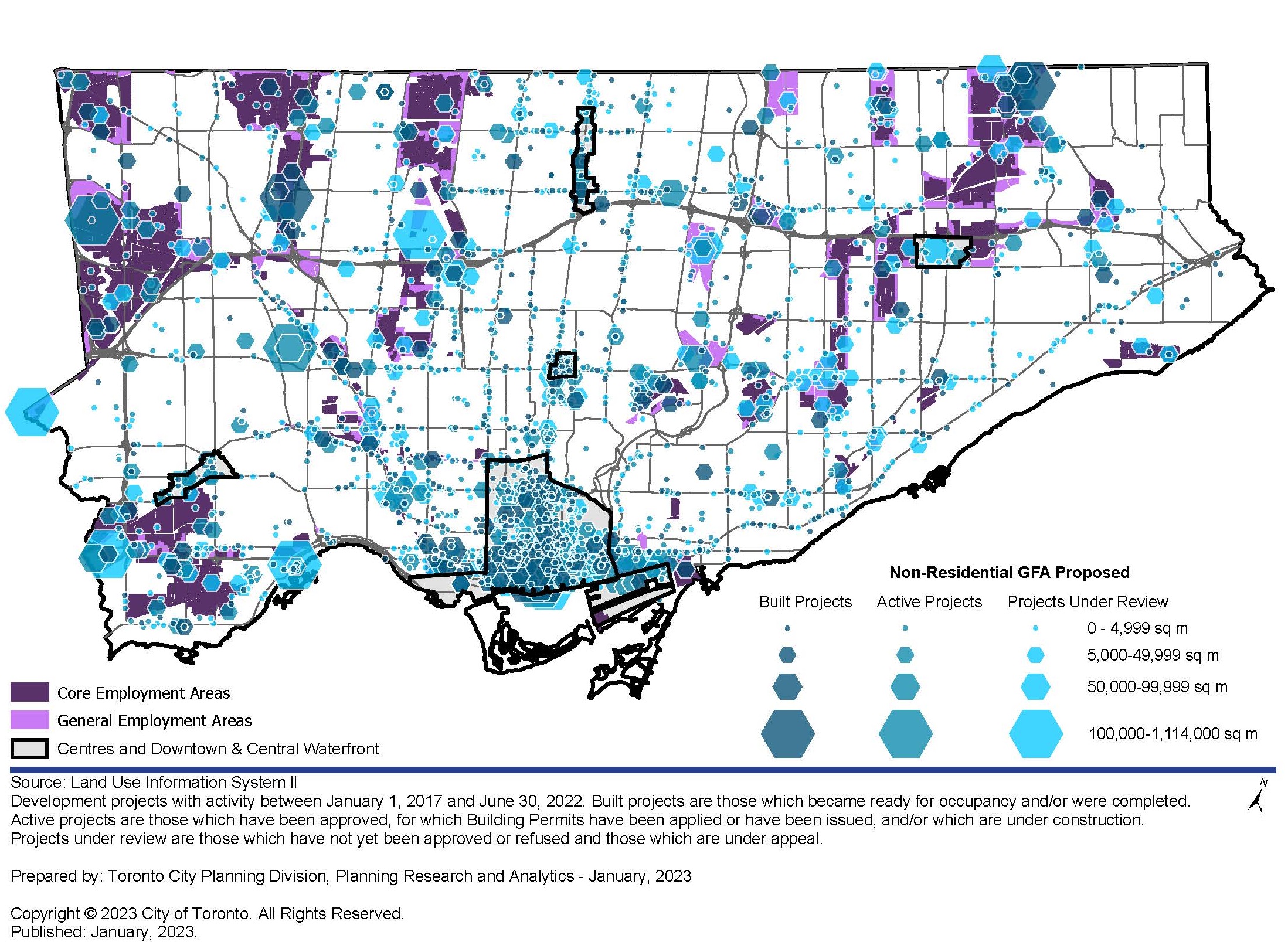 This map shows non-residential projects as graduated hexagons with their size based on the amount of non-residential GFA they propose. Source: City of Toronto, City Planning Division, Land Use Information System II. For more information, contact Hailey Toft at 416-392-9787 or hailey.toft@toronto.ca.