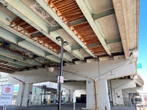 View from underneath the Gardiner Expressway, revealing its substructure and supports.