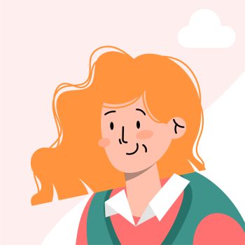 Cartoon headshot of a smiling woman with long auburn hair wearing a green and pink sweater with collared shirt. 