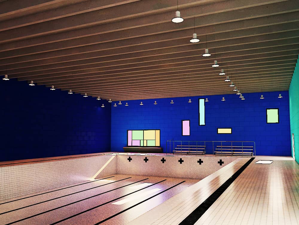 A rendering of the interior swimming pool without water, showing a dark blue feature wall with windows of various sizes and shapes and a white tiled pool deck