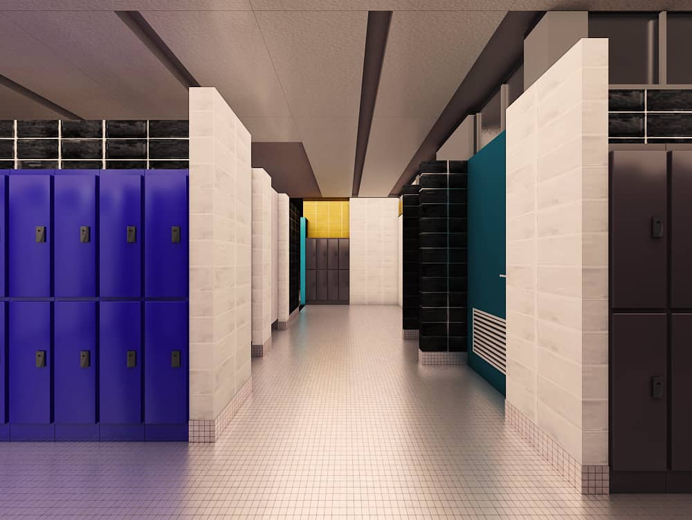 A rendering showing the interior change rooms with tiled floors and walls and blue and grey lockers