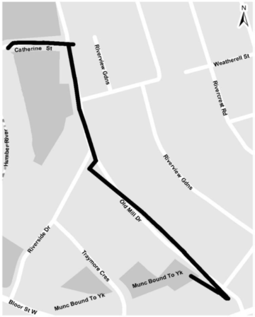 Map showing construction along Old Mill Drive from Bloor Street West to Catherine Street 