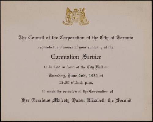 Image depicts card invitation with gold embossed Toronto Coat of Arms