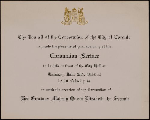 Image depicts card invitation with gold embossed Toronto Coat of Arms