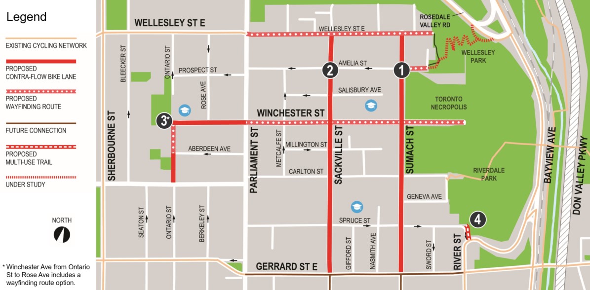 Contra-flow bike lanes on Sumach St (1), Sackville St (2), and on short segments of Winchester St west of Parliament St, and Ontario St between Carlton St and Aberdeen Ave (3).   A multi-use trail connection is proposed on River St (4). Wayfinding routes with shared lane markings/sharrows are also proposed on Wellesley St E, Winchester St, and Ontario St.