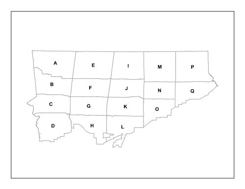 Simple Reference Map for Multiplex Zoning By-law Amendment maps and diagrams. The city of Toronto is subdivided into parts A through Q.