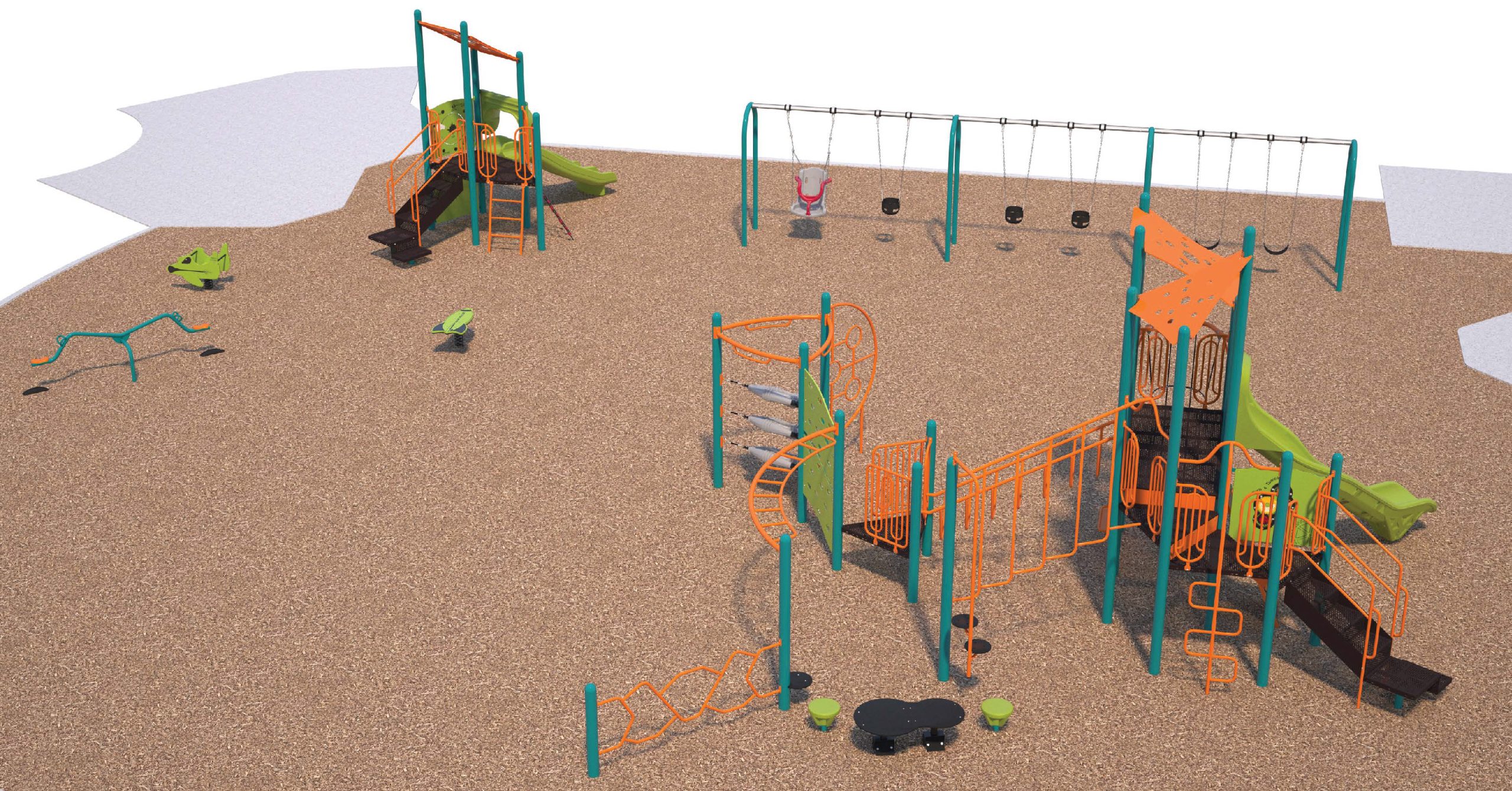 The final design for the new Perth Square Park Playground, which has been refined based on community feedback. It will be the following colours: Teal (posts), Orange accents, Gecko (roto-plastic) and Lime / Black (HDPE-plastic) and include the play features listed below.