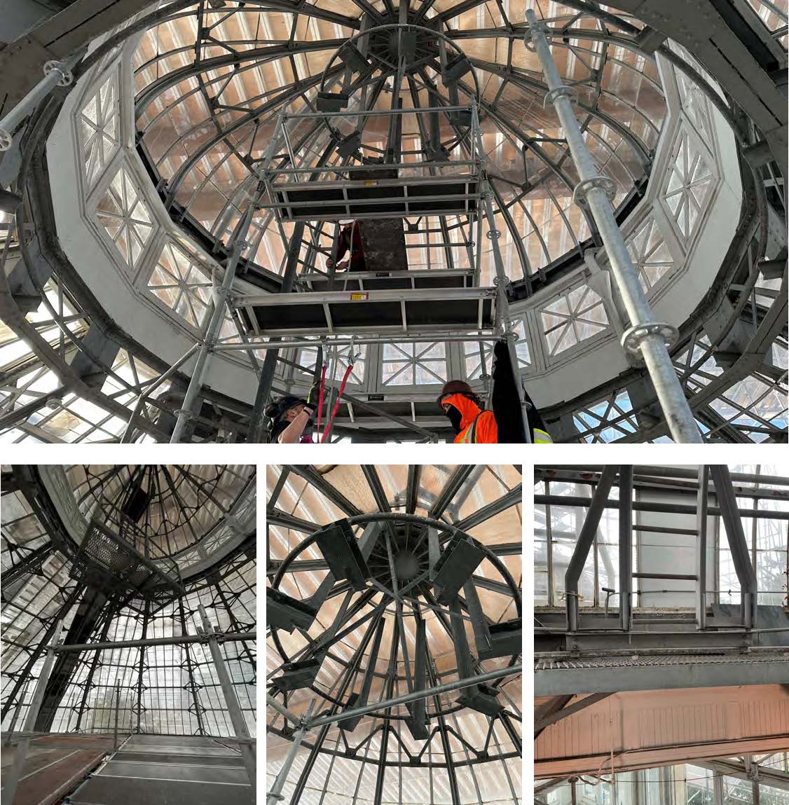 A photograph with four images (one larger main images and three smaller images below it) showing the interior work happening at the Palm House building. The main large image shows the domed roof with two contractors while under construction. From left to right, there is an image of the sides of the domed roof with scaffolding, then an image that focuses on the centre of the domed roof and lighting, and then an image that focuses on the scaffolding platform around the perimeter of the Palm House. 