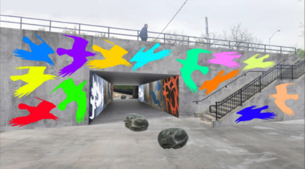 Tunnel Walls public art displaying metal birds on the outer tunnel walls with pre-cast bollards at the entrance.