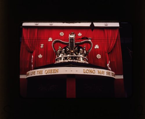 Photograph depicts model of St Edward's Crown on display in shopfront window.