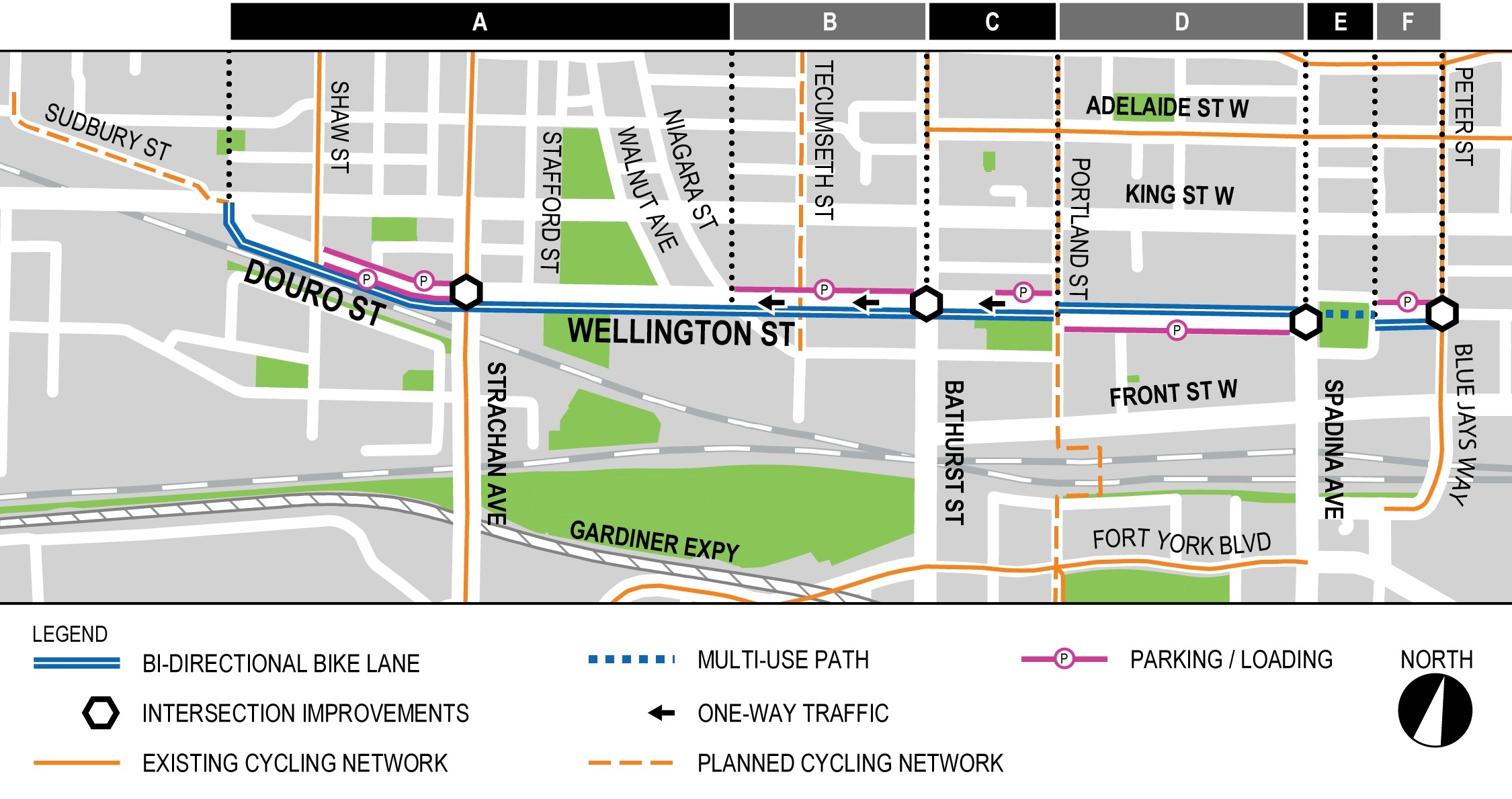 The image displays the areas where safety improvements, including protected bi-directional bike lanes are planned.