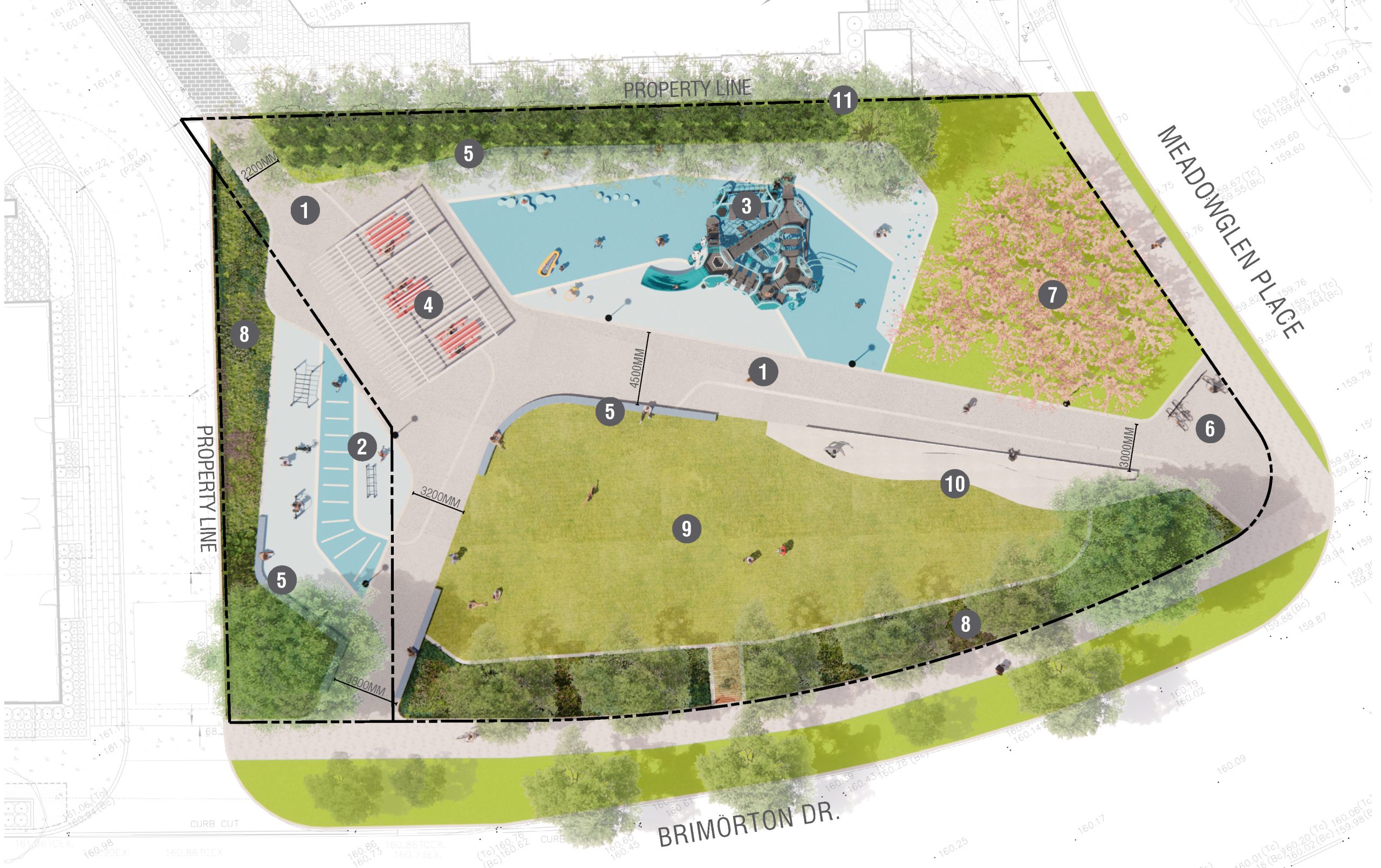 An aerial site plan for the new park with numbered labels throughout showing the location of features and amenities. From the bottom left to top right, it includes seating, a large open law area and skate feature, a decorative fence separating the main pathway from the open lawn area, outdoor fitness equipment at the west side of the park, bike racks at the east side of the park, near the entrance on Meadowglen Place, cherry blossom trees near the entrance, a playground near the north side of the park with an adjacent shade structure and seating nearby. 