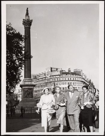 Photograph depicts Mayor Lamport and family in front of Nelson's Column, Trafalgar Square, London