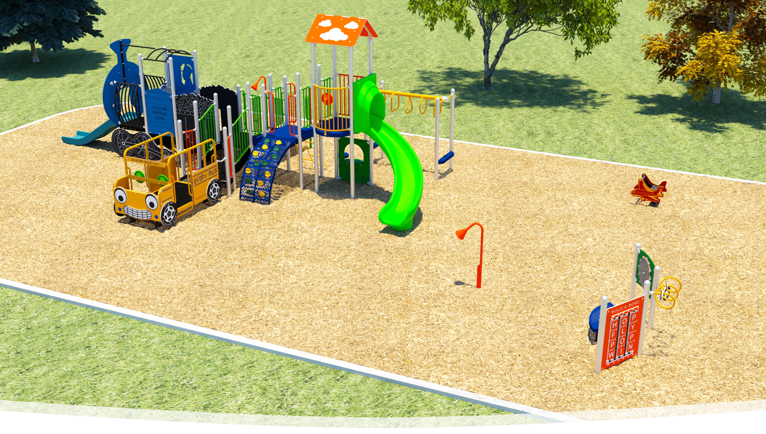 A rendering of the final playground design. It is mostly blue and has other bright, primary colours. Features are described following the image.