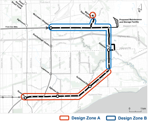 A map showing areas of the EELRT corridor that correspond to Design Zone A and Design Zone B.