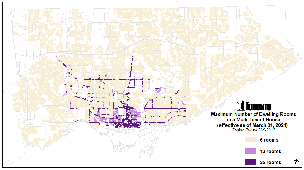 Map of the City of Toronto showing the areas where multi-tenant houses will be permitted effective March 31, 2024, and identifying the permitted maximum number of 6, 12 or 25 dwelling rooms in a multi-tenant house in these areas. Within the boundaries of the former cities of Etobicoke, North York, and Scarborough, the maximum number of rooms permitted in a multi-tenant house is six. Within the former cities of Toronto, East York and York, the maximum number of dwelling rooms in a multi-tenant house depends on its location and zoning.