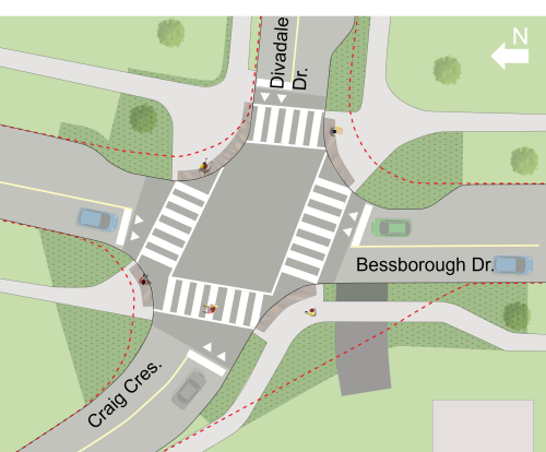 The planned Vision Zero improvements at Bessborough Drive/Craig Crescent/Divadale Drive.