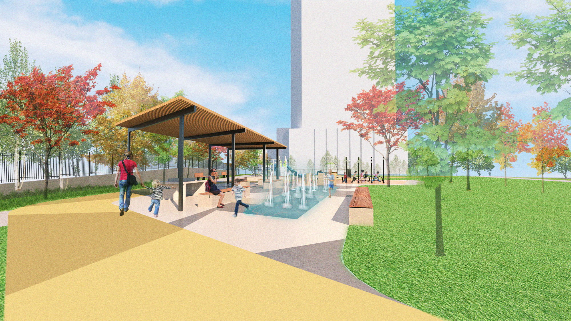 A rendering of the central pavilion. Surrounding the interactive water feature are proposed benches and chairs with trees to provide shading. The background shows the proposed fitness area.
