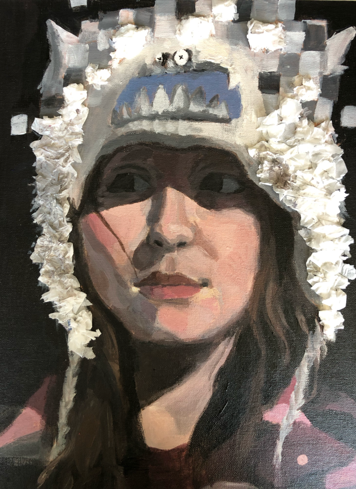 Painted portrait of a person wearing an animal hat