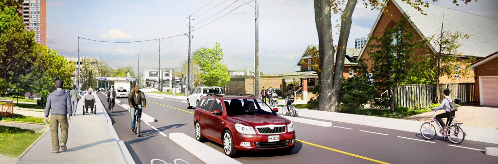 Artist rendering of Gordon Avenue looking north towards Sheppard Avenue East. The road has one vehicle lane in each direction and cycle tracks on each side of the road, separated from vehicle traffic by concrete curbs.