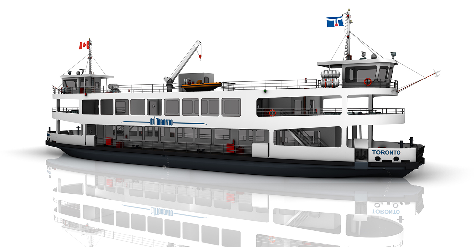 A rendering of the passenger only ferry design (called PAX) while on the water with the Toronto city skyline in the background. The ferry is long, white, with two levels with windows on both. A black ledge along the side of the ferry shows the vessels passenger side loading feature. 