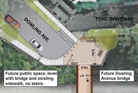 Option 1 for Dowling Bridge. Rendering of future public space, level with bridge and existing sidewalk, no stairs.