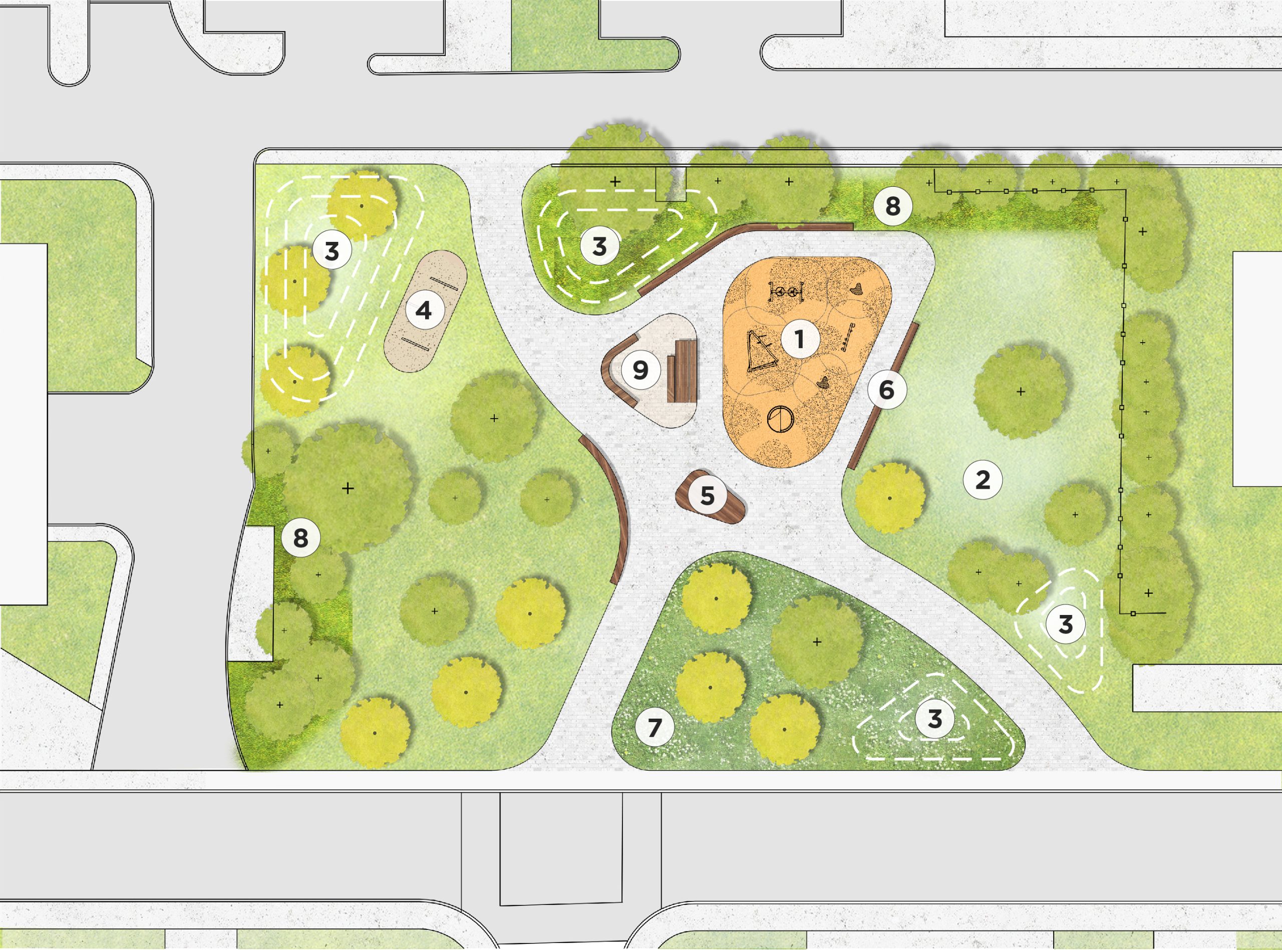 Aerial view of the design option for the parkette, with the main park entrance from Erskine Avenue where multiple defined pathways lead to activity areas. From the bottom left corner to top right corner, there is a meadow and landforms, shrubs and grasses, platform seating at the centre with a picnic area and playground at the centre, and fitness equipment to the west.