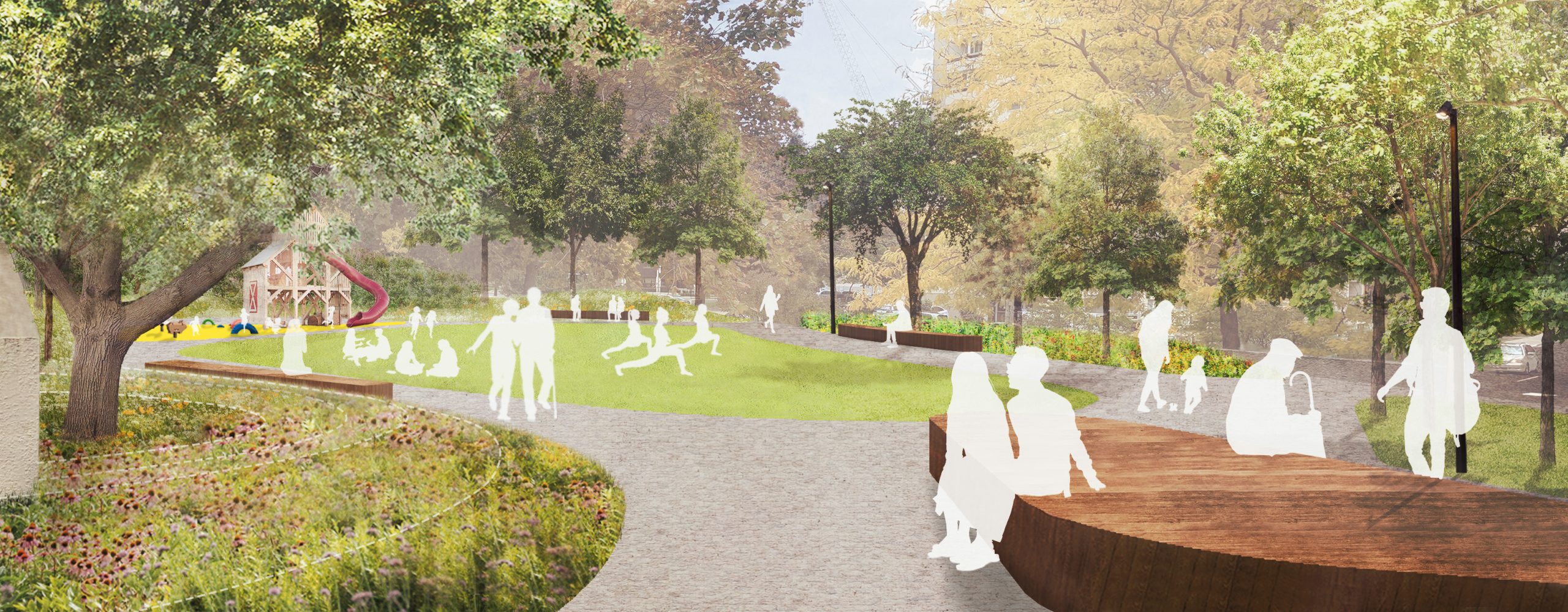 Illustrative image showing the parkette entrance from the north, looking southeast through the parkette. A silhouette of a several people sitting on a platform are on the right observing a raised topography, meadow, and tree to the left. Further into the distance, people are exercising and socializing on an open lawn.