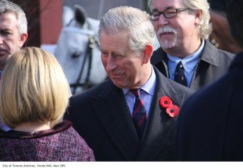 Prince of Wales close up picture smiling wearing a blue shirt and grey coat with two poppies on the right side