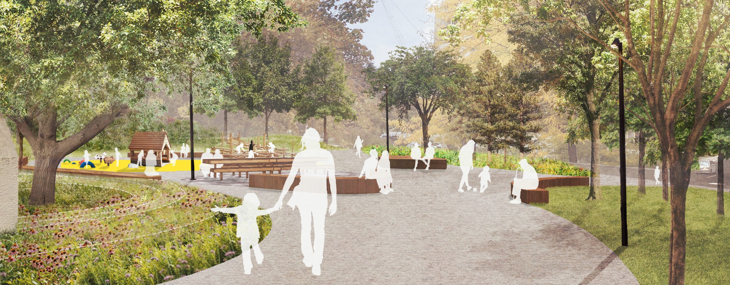 Illustrative image showing the parkette entrance from the north, looking southeast through the parkette. A silhouette of a person and their child are walking towards the entrance, with a slightly raised topography, meadow and tree to the left. Further into the distance, people are using a variety of seating types including platforms, seatwalls, benches, and picnic tables.