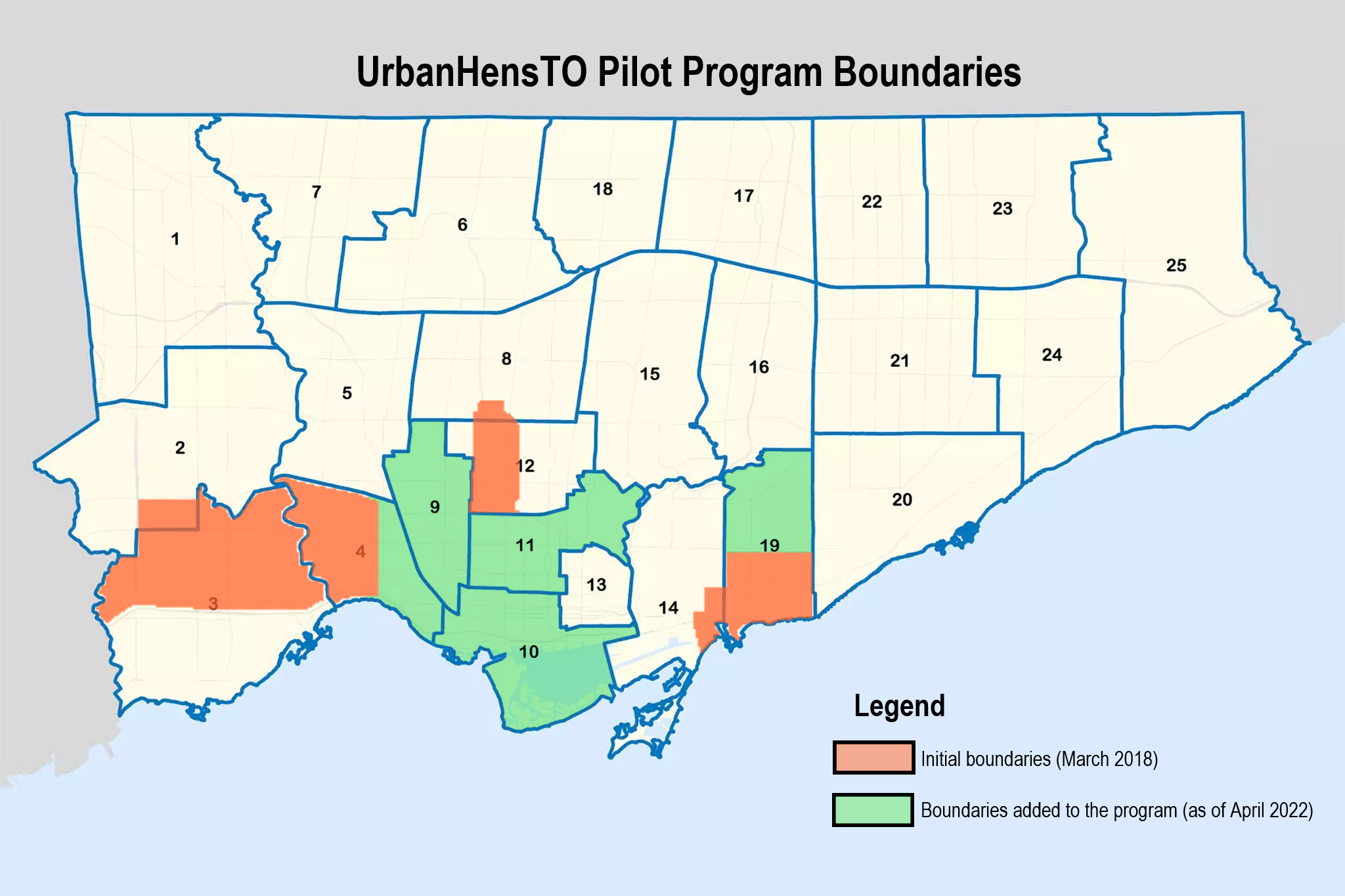 The duration and permitted areas of the UrbanHensTO pilot program have been extended several times since 2018. The pilot program was permitted in Wards 4, 9, 10, 11, and 19, and parts of Wards 2, 3, 8, 12 and 14.