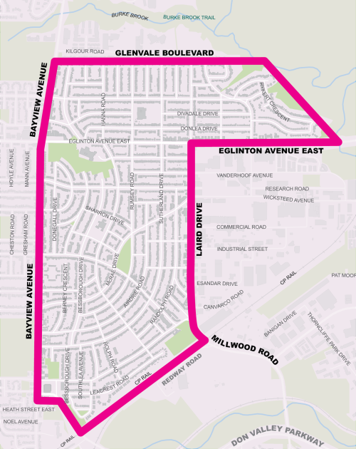 A map outlining the study area boundary in pink: from Bayview Avenue to the west, Glenvale Boulevard/Kildeer Crescent/Rykert Crescent to the north, Don River/Laird Drive to the east and the CPR rail corridor to the south.