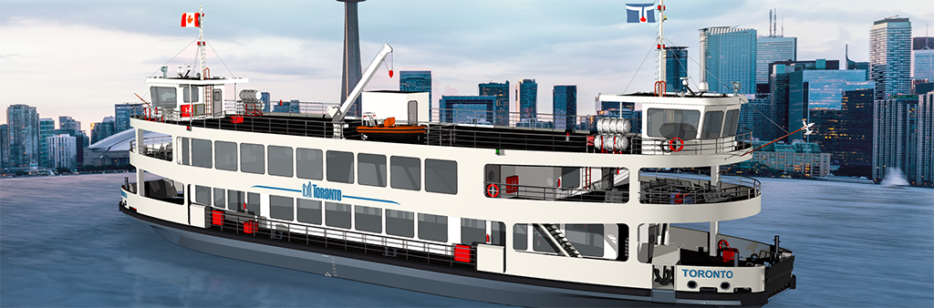 A rendering of the passenger only ferry design (called PAX) while on the water with the Toronto city skyline in the background. The ferry is long, white, with two levels with windows on both. A black ledge along the side of the ferry shows the vessels passenger side loading feature.
